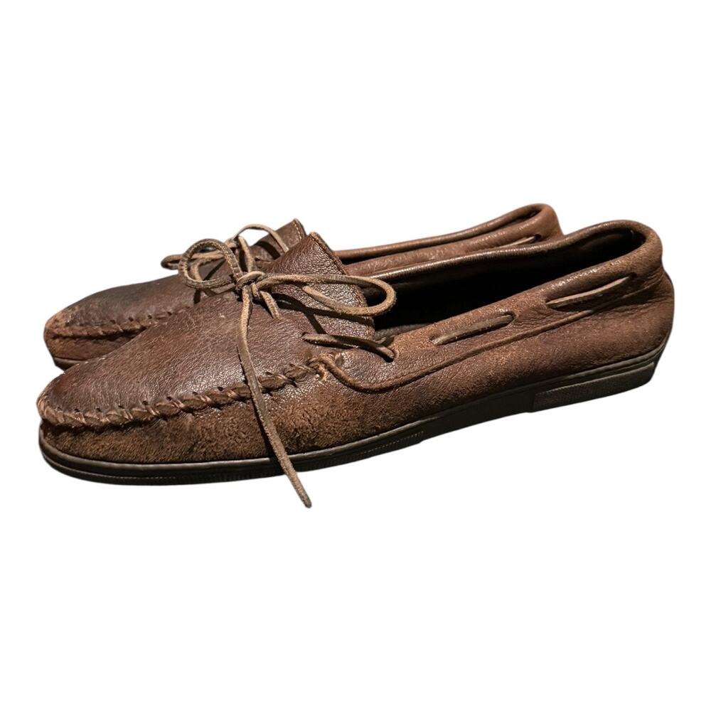 Minnetonka Mens 11.5 Brown Leather Moccasins Driving Shoes Casual Slip On